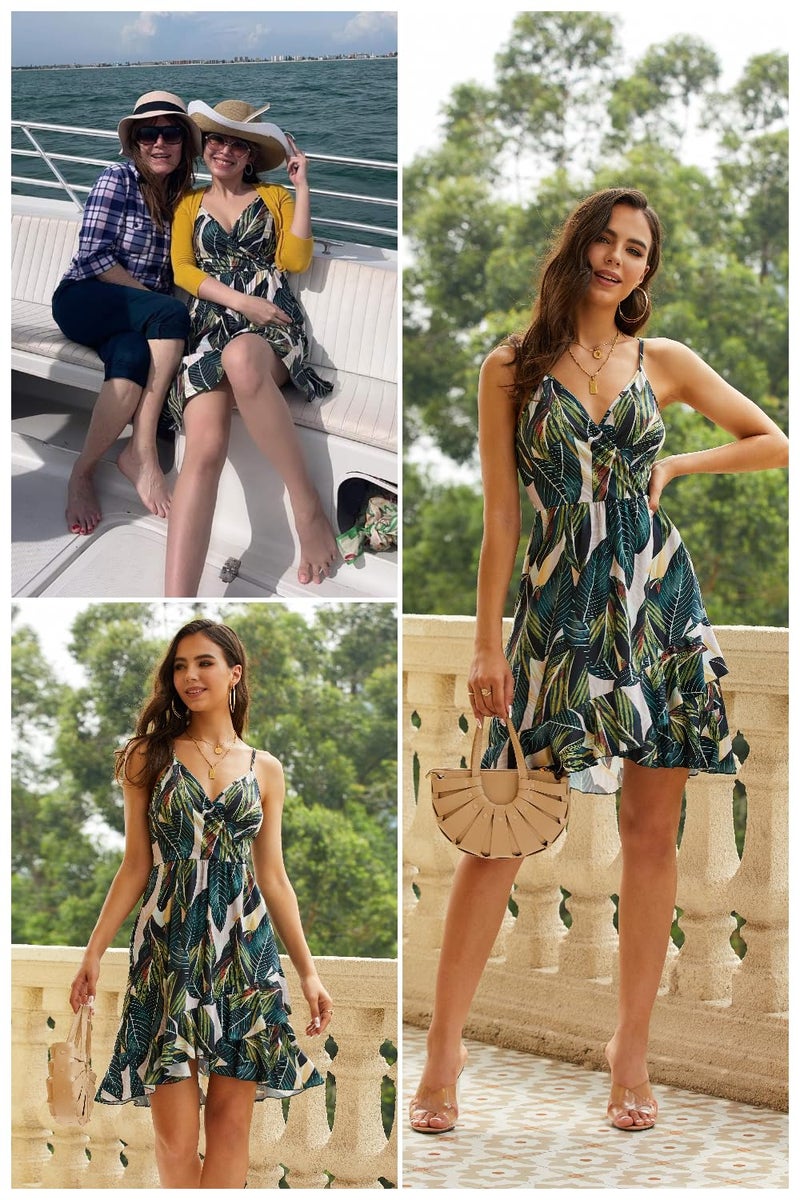 ULTRANICE Women Summer Dress Spring Beach Casual Sundresses Trendy Green Floral Wrap Flowy Vacation Outfits Clothes Wedding V-Neck Spaghetti Strap Midi Dresses(Green White Floral,L) - Image 2